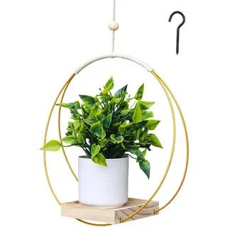 YUZHEDM Hängeblumentöpfe 30 * 30cm Blumentopf Hängend mit Passenden Haken Blumenampel mit Holzsockel Hängende Blumentöpfe Kann an der Decke am Freiluftbalkon an der Wand im Garten(Gold)