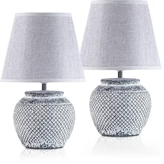 2er Set BRUBAKER Tisch- oder Nachttischlampen 30,5 cm Keramik Lampenfüße zweifarbig Grau und Leinen Schirme Hellgrau - Grau, Hellgrau
