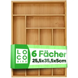 Loco Bird Besteckkasten für Schubladen aus Bambus 6 Fächer - 25,5x35,5x5cm Besteckeinsatz für Schubladen verstellbar - Besteck Organizer Küche Holz - Schubladeneinsatz Küche - Cutlery Organizer