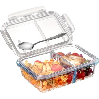NUTRIUPS 1L Bento Box Glas, Bento Box Glas 2 Fächer, 21.7x16x6cm Frischhaltedose mit Luftdichtem Deckel, Meal Prep Boxen Glas, Glasschüssel mit Deckel, Mikrowellen & Backofensicher - Rechteckig