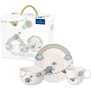 Villeroy & Boch – Boho Kids "Walk like an elephant" Kindergeschirr-Set 3 teilig Blau, Spülmaschinenfest, Mikrowellensicher, Geschirr Set Kinder, Tiermotiv Elefant und Faultier, Premium Porzellan