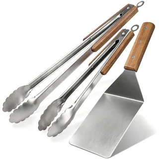 Grillbesteck Set 3-teilig, Grillzange und Wender Holzgriff Edelstahl | 30cm/40cm Edelstahl Küchenzangen, Spachtel, Hitzebeständigen Holzgriff, für Grill Küchen Professional Zubehör Geschenk