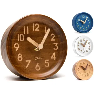 Driini Analoge Tischuhr aus Holz - 10,9 cm Dekorative Kiefernholz-Uhr, kein Tick-Design - leicht zu lesen, leise Sweep-Kaminsims-Uhr - leise Tischuhren mit Holzkörper, Zeigern und Batterieabdeckung,