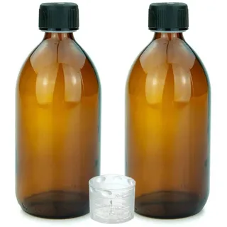 Devitre 2 braune Glasflaschen 500 ml mit Deckel Messbecher und Beschriftungsetiketten