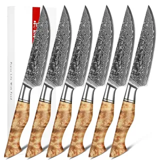 HEZHEN 6PCS Damaskus-Steakmesser Küchenmesser-Set Professionelles geschmiedetes mit hohem Kohlenstoffstahl Gemusterter Bergahorn Holzgriff-Porzellan-Geschenkpaket