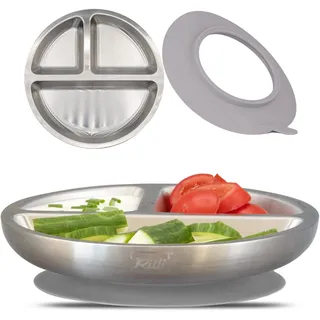 Rilli Edelstahl Saugnapf BLW Teller, rutschfestes Baby Geschirr, Baby Saugnapf Geschirr (grau)