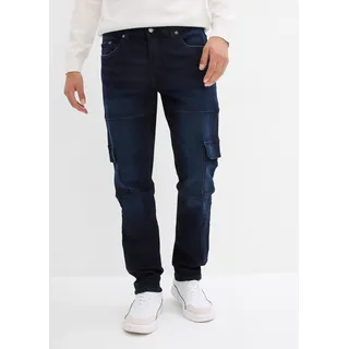 Cargojeans BONPRIX "Slim Fit Cargo-Stretch-Jeans, Straight", Damen, Gr. 50, N-Gr, blau (dunkelblau denim), Obermaterial: 98% Baumwolle, 2% Elasthan, slim fit, Jeans Cargojeans, Slim Fit, aus Baumwolle und Elasthan, mit gewaschener Optik