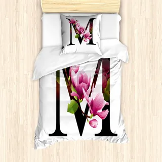 ABAKUHAUS Buchstabe M Mantele, M mit Magnolia Blumen, Milbensicher Allergiker geeignet mit Kissenbezügen, 135 cm x 200 cm - 80 x 80 cm, Rosa-Grün-Schwarz - Rosa