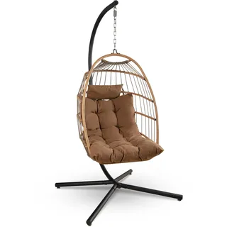 SereneLife Hängesessel mit Gestell – Rattan Hängesessel Outdoor & Indoor Wetterfest – Schaukel für Kinder & Erwachsene bis 250 kg mit Dicke Kissen – Faltbarer Schaukelsessel für Terrasse & Wohnzimmer