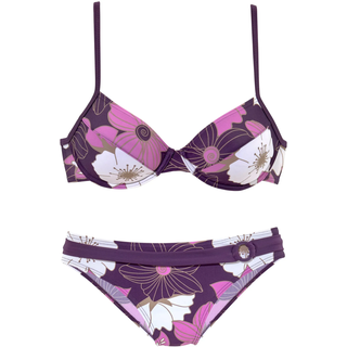 Bügel-Bikini LASCANA, Damen, Gr. 38, Cup F, lila (lila, bedruckt), Polyamid, floral, Bikini-Sets Bügel-Bikini, florales Design, Bikini-Hose mit Vordermieder, Hose mit Ziergürtel