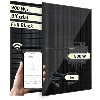 VALE Balkonkraftwerk Bifazial 900 Wp Full Black - Growatt Neo 800M-X Wechselrichter - Solarpanel Set - 5m AC-Kabel - inkl. App-Steuerung