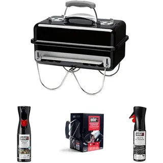 Weber Go-Anywhere Holzkohle Grill, 42 x 26cm Grillfläche, leichter tragbarer BBQ Grill, Tisch-Campinggrill mitporzellanemaillierter Schale & Deckel, umklappbare Standfüße - Schwarz (1131004)