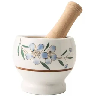 FUHAI-666 Mörser- und Stößel-Set Set aus Mörser und Stößel aus Keramik, Suribachi und Surikogi, Elegantes Keramik-Blumenmuster, Weiß Gewürzschale(Groß)