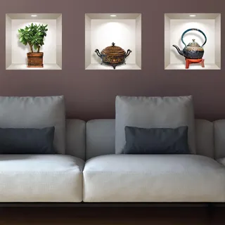 3D-Aufkleber | Wandaufkleber, selbstklebend, 3D-Effekt, Pflanze und Teekanne, japanisch, antik, Wandaufkleber, Schlafzimmer, 3D-Wandaufkleber, Wohnzimmer, Trompe l'oeil | 30 x 90 cm