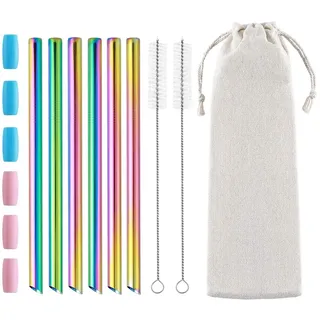 6 Stück Bubble Tea Strohhalme, Boba-Strohhalme, Metall-Trinkhalme für Blasen-Tee, Milchshakes, Smoothies mit Reinigungsbürste & Etui X-Large regenbogenfarben