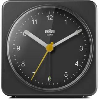 Braun Klassischer analoger Wecker Schlummerfunktion und Licht, ruhiges Quarzuhrwerk, Crescendo-Alarm, schwarzes Modell BC03B