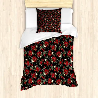 ABAKUHAUS rot Bettbezug Set für Einzelbetten, Garten Blumen Rosen, Milbensicher Allergiker geeignet mit Kissenbezug, Olivengrün Schwarz Rot - Rot