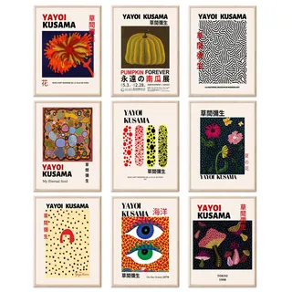 RETRART Yayoi Kusama Poster – Set von 9 – Vintage Yayoi Kusama Wandkunstdrucke – Japanisches Leinwandbild – ästhetische Wanddekoration für Schlafzimmer, Wohnzimmer, Badezimmer, Flur – ungerahmt 20,3 x
