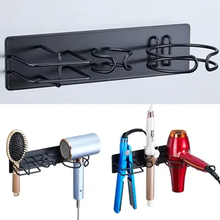 YYBO Föhnhalter Wand Ohne Bohren, 3-in-1 Fönhalterung Wandhalterung für Haartrockner, Glätteisen, Lockenstab Aufbewahrung, Föhn und Glätteisen Halterung Bad Haartrocknerhalter (Schwarz)