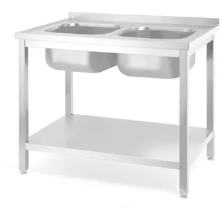 HENDI Doppelspültisch, mit Ablagefläche, Doppelbecken, Gastrospüle, Abwaschbecken, zur Selbstmontage, Abfluss: ø52mm, Öffnung für Wasserhähnen: ø30mm, Aufkantung: 40mm, 1000x700x(H)850mm, Edelstahl