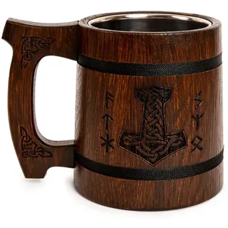 TESLYAR Wikinger Becher 0.6 L Eichenholz Braun - Mittelalter Thor Becher für Bier | Tankard Bierkrug Mit Gravur Thors Hammer und Runen | Ideales Bier Geschenk, Maßkrug Holzbecher Geschenk für Männer
