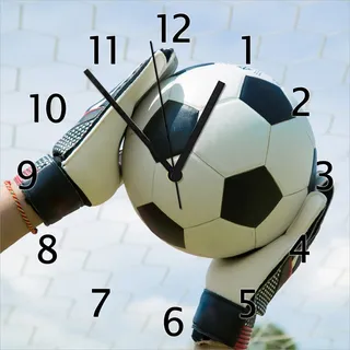 Wallario Design Wanduhr Fußball - Torwart im Tor vor blauem Himmel aus Echtglas, Größe 30 x 30 cm - Blau