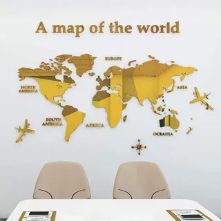 Wandaufkleber Wandtattoo 3D DIY Weltkarte Sticker Familie Wandbilder Wandkunst für Hause Wohnzimmer Schlafzimmer (Gold,M:120x60cm)