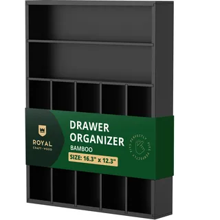 ROYAL CRAFT WOOD Bambus-Küchenschubladen-Organizer – Besteckkasten zum Organisieren und Besteck mit gerillten Schubladen-Trennwänden für Besteck und Küchenutensilien (7 Fächer, schwarz)