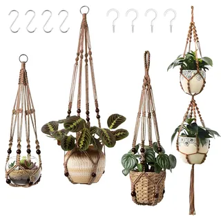 GEEKEO Makramee Blumenampel Hängend Innen, 4er Set Hängeampel mit Haken, Makramee Pflanzenhänger Innen Pflanzkorb Hängender, Boho Deko Baumwollseil Hängepflanzen Topf für Balkon Fenster Deko