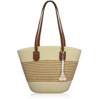 boshiho Stroh Handtasche Damen Große - Strohtasche Umhängetasche Geflochten Beige, Strand Strohtasche Korbtaschen Reißverschluss für Reisen Urlaub, Arbeit, Outdoor, Shopper