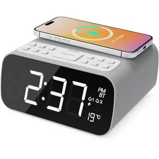 MAJORITY Darwin Wecker mit Ladestation | Radiowecker UKW | 12W Stereo Radio Wecker Musik | Bluetooth Radiowecker Digital | Doppelter Alarm | Eingebautes Thermometer | Radio mit Uhr | Dimmbares Display