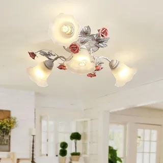 meibileil Vintage Blumen Deckenlampe,3+1KöPfe Weiß Deckenleuchte Landhaus,Deckenleuchten Mit Glasschirm Sowie Rosafarbenen Keramikrosen,Nordische Deckenlampen FüR Schlafzimmer KüChe Flur,E27