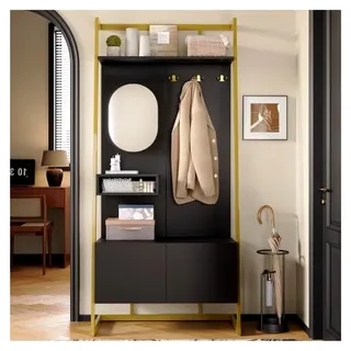 Garderobenständer mit Spiegel in Schwarz, Multifunktionale Kompaktgarderobe mit Schuhbank und Metallhaken, Offener Aufbewahrungsschrank für den Flur, 78x38.5x180.5 cm - Schwarz