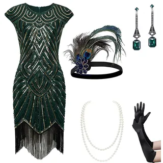 BABEYOND Damen Flapper Kleider 1920er Jahre Perlen Fransen Great Gatsby Kleid, Set – Dunkelgrün, Large