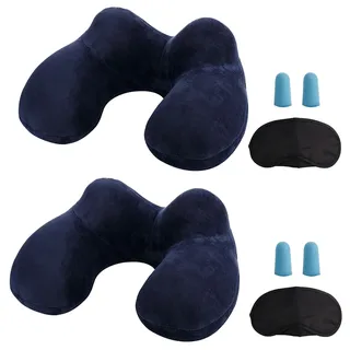 MOCOCITO 2-Set Reisekissen Aufblasbares/Nackenkissen Ergonomisch Aufblasbare Hergestellt waschbarem Kissenbezug Nackenhörnchen ideal für Reisen mit dem Auto, Flugzeug, Zug, Büro(Blau)