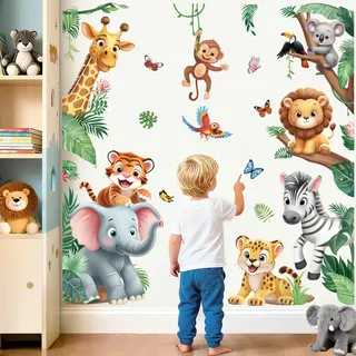 wondever Wandtattoo Dschungel Tiere Wandaufkleber Safari Tiere Giraffe Löwe Türen Wandsticker Wanddeko für Jungen Babyzimmer Kinderzimmer Spielzimmer