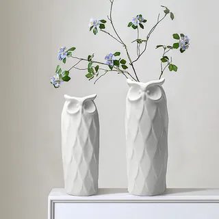 lizofer Keramikvasen im 2er-Set, Eulen-Motiv, für Wohnzimmer, Schlafzimmer, 24 cm und 21 cm, modern, Weiß, für Kunstblumen, Heimdekoration, Büro, Tisch, Regal, Kamin, rustikaler Retro-Bauernhaus-Stil