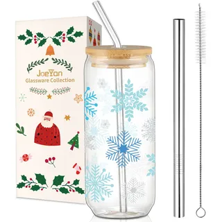 Joeyan 600ml Schöne Schneeflocken Trinkgläser mit Deckel und Strohhalm | Weihnachtsgläser für Matcha Eiskaffee Smoothie Bubble Tea Bier, Glasbecher Weihnachtsgeschenke für Frauen Mama Freund