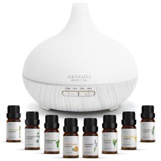 ASAKUKI Aroma Diffuser, 300ml Ultraschall Luftbefeuchter mit 8 * 10ml Ätherische Öle Set, Diffuser, 14-Farben-LED, 23dB Cool Mist Raumbefeuchter, Yoga, SPA, Zuhause-Weiß