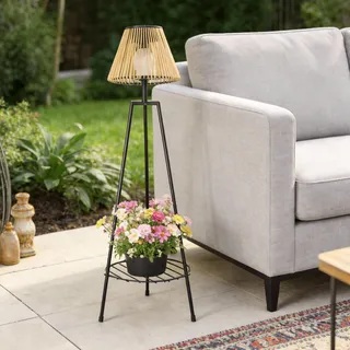DJGIFI Solar Stehlampe Outdoor mit Blumenständer, Rattan Gartenlaterne