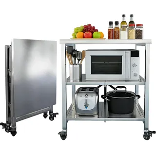 CDDUOLA 3 Ebenen klappbare Servierwagen Edelstahl, Küchenwagen Regal mit Feststellbremse Rollen, Küchenwagen mit Stauraum, für Küche, Garten, Vielseitiger Allzweckwagen für kleine Räume, 60x45x80cm