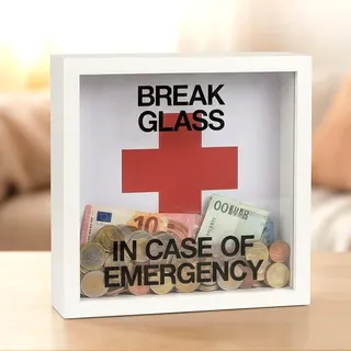MIJOMA Spardose aus Holz mit Glasfront – dekorativer Sparrahmen für Geldgeschenke zu Hochzeit, Geburtstag, Reise & mehr – kreative Geldbox (Emergency Fund - weiß, 20 x 20 x 5 cm)