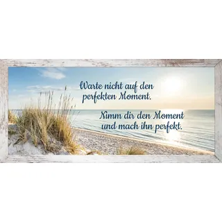 Bild mit Rahmen BÖNNINGHOFF "Wandbild gerahmt STRAND MIT SPRUCH MOMENT 23x49 cm – Natur Wanddeko", blau (farbe rahmen: vintage, farbe bild(er): blau, grün, gelb), B:23cm H:49cm T:2,1cm, MDF, Papier, Bilder, Bild mit Rahmen, mit dekorativem Rahmen