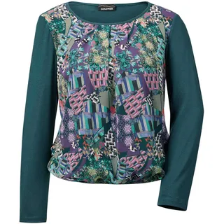 Kurzarmbluse GOLDNER "Langarm Chiffonbluse mit Patch-Druck", Damen, Gr. 38, grün (dunkelgrün, gemustert), Obermaterial: 95% Viskose CV. 5% Elasthan EL., figurumspielend, U-Boot-Ausschnitt, Sonstiges, Blusen Kurzarmbluse, Chiffon-Einsatz