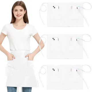 3 Stücke Taillenschürze mit 2 Taschen, Weiß Halbschürze für Männer Frauen | Wasserdicht Vorbinder Schürzen mit langen Riemen, Kellnerin Kellner Schürzen für Bistro Restaurant Server Arbeit Bar Gastro