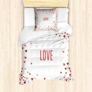 ABAKUHAUS Liebe Mantele, Romantik Illustration Herz, Milbensicher Allergiker geeignet mit Kissenbezügen, 135 cm x 200 cm - 80 x 80 cm, Burgundy Red White - Rot