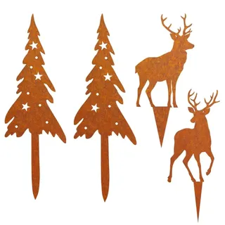 Voarge 4 Stück Roststecker Tannenbaum und Hirsch Weihnachtsdeko, Rost Gartenstecker Weihnachtsbäume Rentier Weihnachten Deko Draußen Herbstdeko Outdoor