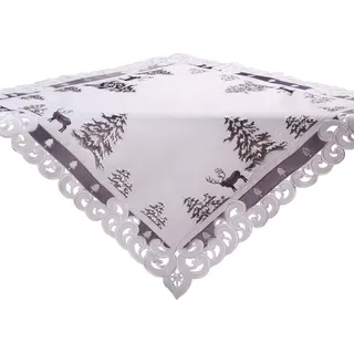 Quinnyshop Weihnachtsdecke - Bestickt mit Hirsch und Tanne Motiv Leinenoptik Polyester Grau-Weiß ca. 110 x 110 cm