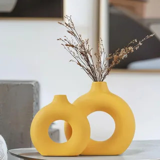 2-Teiliges Wasserdicht Gelb Donut Vase, Set Vase Gelb Matt Keramik Für Pampasgras, Ikebana & Tulpen, Vintage & Boho Stil, Ideal Für Wohnzimmer, Schlafzimmer, Büro-Aesthetic Deko