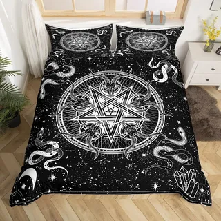 Bull Schädel Schwarz Weiß Bettbezug Set L Größe,Sun Moon Sternenhimmel Bettwäsche Set,Gothic Sterne Schlange Diamant Tröster Abdeckung Kinder Mädchen Jungen Zimmer Dekor Exotische Boho Quilt Cover